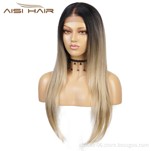 Aisi Hair Top Quality Long Silky Straight Wig Lace Ombre Blonde Dark Root Wig Synthetic Hair Lace Front Wigs For Black Women